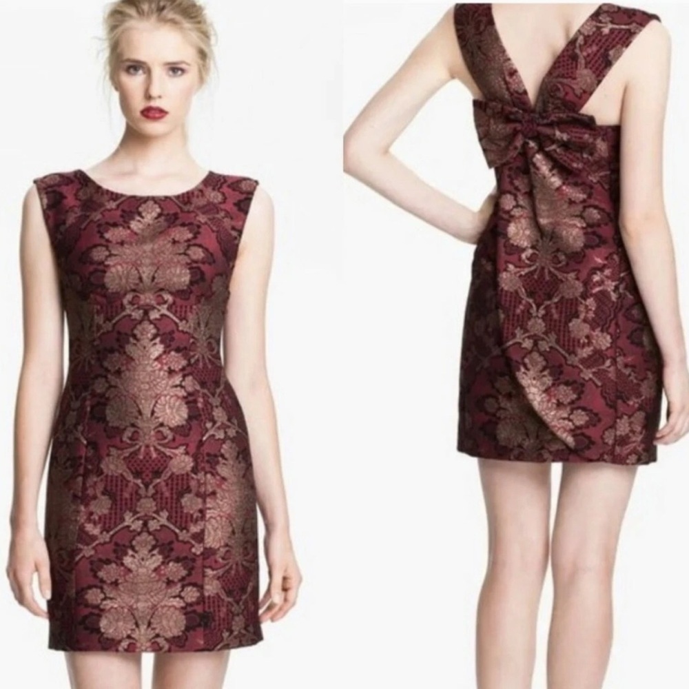 Tracy Reese Charmed By You Metallic Burgundy Brocade Bow Cocktail Dress